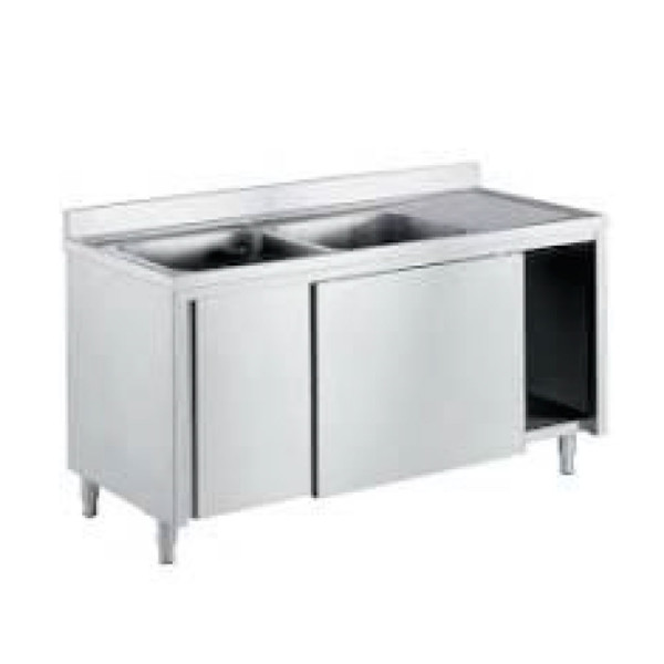 LAVELLO ARMADIATO DUE VASCHE CON SGOCCIOLATIO DX IN ACCIAO INOX 18/10 AISI 304 CM 150 X 70 X 85 (H) + CM 10 ALZATINA