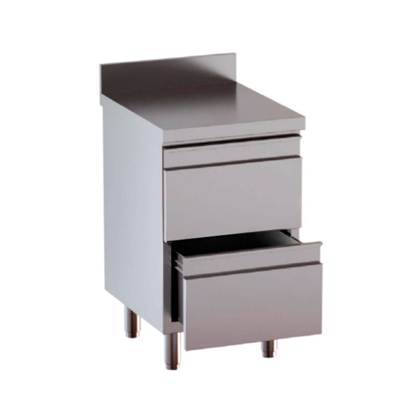 CASSETTIERA 2 CASSETTI COMPLETA DI RIPIANO SUPERIORE COSTRUZIONE IN ACCIAIO INOX CRNI 18/10 AISI 304 CM 50 X 60 X 85-90 (H)
