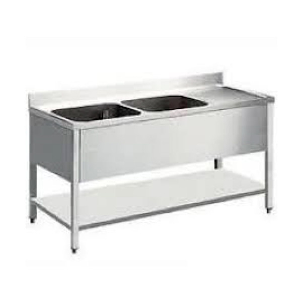 LAVELLO CON 2 VASCHE CON SGOCCIOLATOIO A DX E RIPIANO INFERIORE IN ACCIAIO INOX CRNI 18/10 AISI 304 CM 140 X 60 X 85-90 (H)