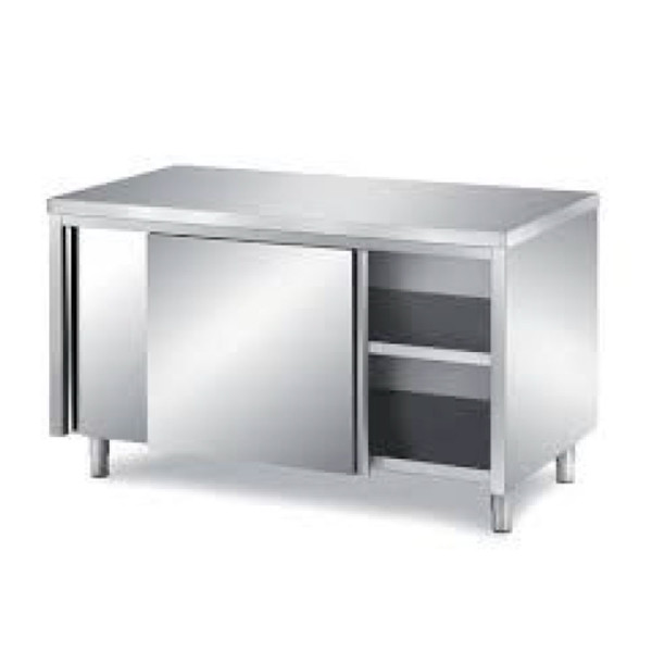TAVOLO ARMADIATO CON ANTE SCORREVOLI SENZA ALZATINA COSTRUZIONE IN ACCIAIO INOX CRNI 18/10 AISI 304 CM 140 X 70 X 85/90 (H)