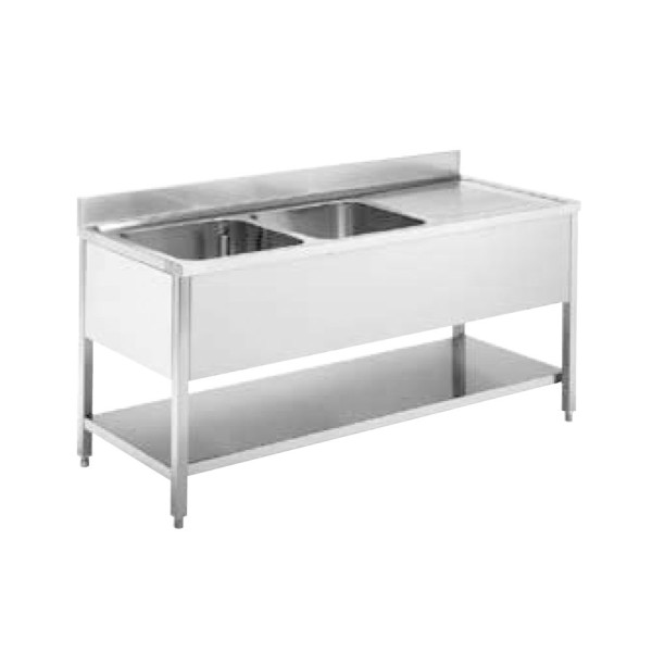 LAVELLO CON 2 VASCHE GOCCIOLATOIODESTRO ALZATINA E RIPIANO DI FONDO CM 140 X 60 X 85 (H)